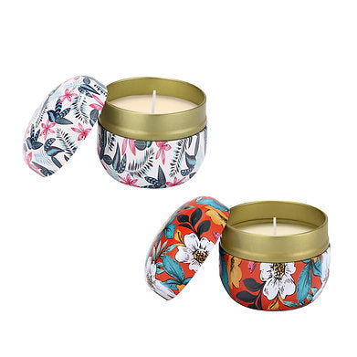 Floral Tin Soy Wax Scented Candle Set of 2 Lavender Cedar Woods || Myrrh Amber