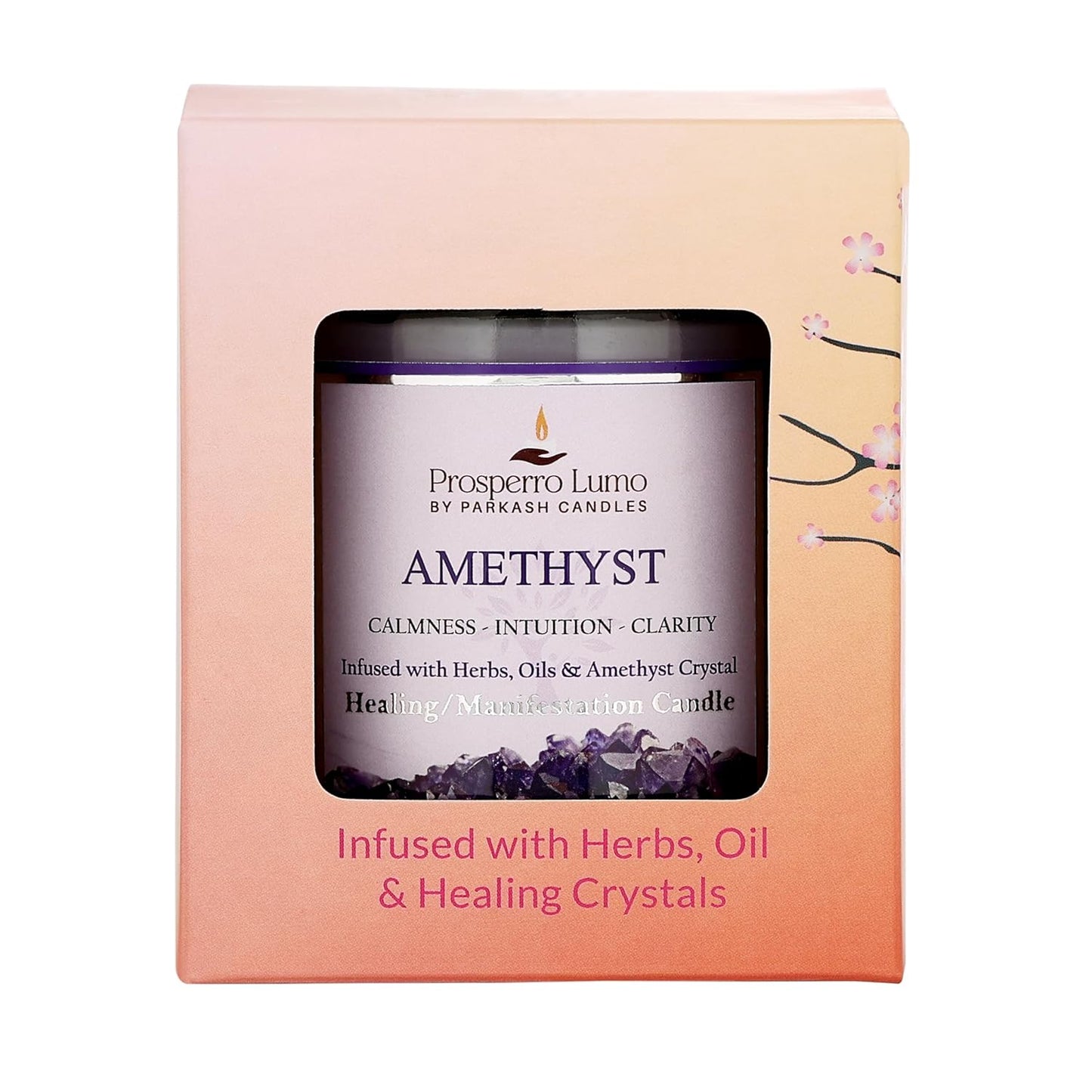 PROSPERRO LUMO by Parkash Candles Crystal Scented Jar Candle โ Infused with Herbs & Healing Crystals | Calmness, Intuition & Clarity | Paraffin Wax | Gift Box | 30+ Hour Burn Time | (Amethyst)