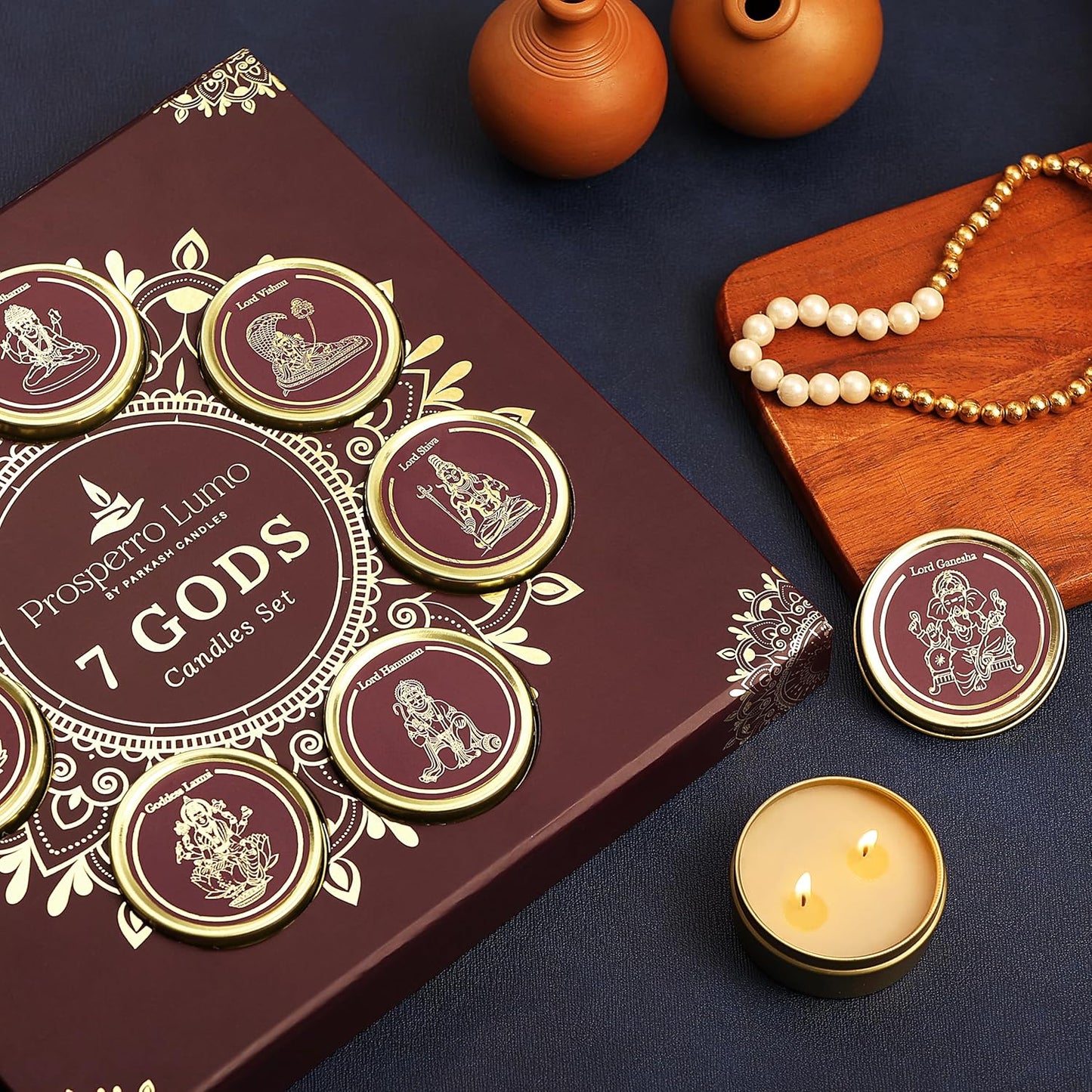 PROSPERRO LUMO by Parkash Candles Luxury 7 God Premium Fragrances Candle Set || Dual Wick || PANCHAMRIT || KUMKUMADI || MOGRA || BAKHOOR || VIBHUTI || Kesar Chandan || Clove & Cedar
