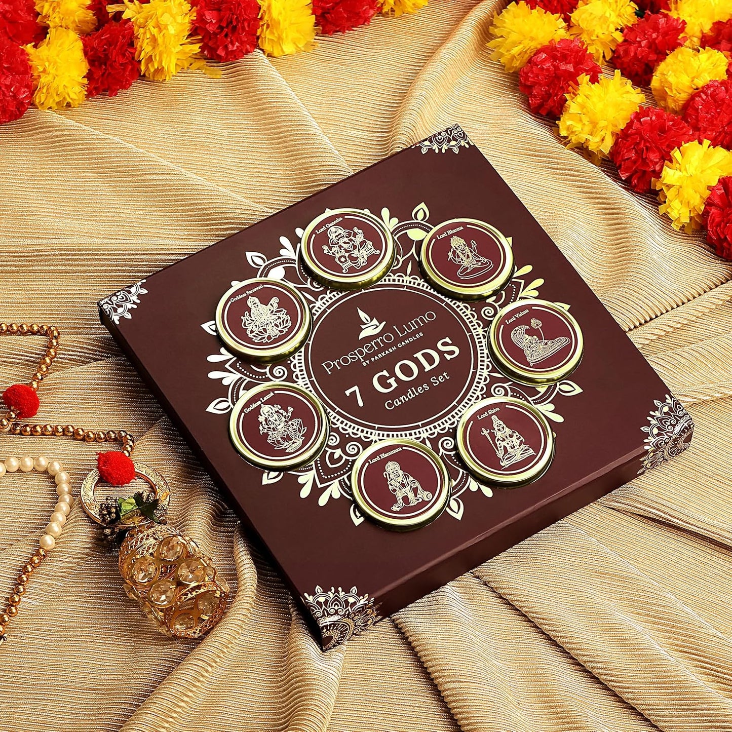 PROSPERRO LUMO by Parkash Candles Luxury 7 God Premium Fragrances Candle Set || Dual Wick || PANCHAMRIT || KUMKUMADI || MOGRA || BAKHOOR || VIBHUTI || Kesar Chandan || Clove & Cedar
