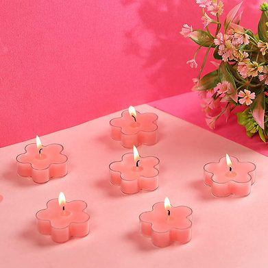 Scented Flowered Shaped Tealights for Home Decor | Set of 6 ((PINK - Rose)