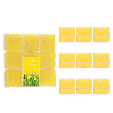 Scented Square Shaped Tealights Pack of 9 (Lemon Grass - Yellow)