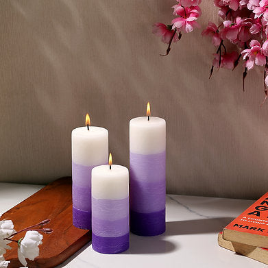 Set of 3 Fragrance Pillar Candles Shade Finish (Purple - Lavender)