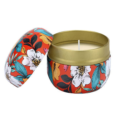 Floral Tin Soy Wax Scented Candle Set of 2 Lavender Cedar Woods || Myrrh Amber