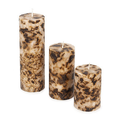 Set of 3 Fragrance Pillar Candles Marble Finish (Brown - Coffee)