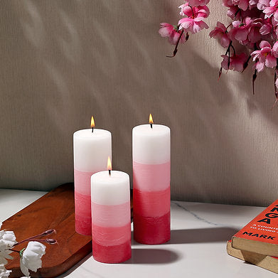 Set of 3 Fragrance Pillar Candles Shade Finish (RED - Rose)