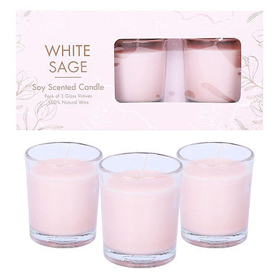 Scented Votive Glass Candles Set of 3 , 100% Natural Soy Wax (White SAGE)