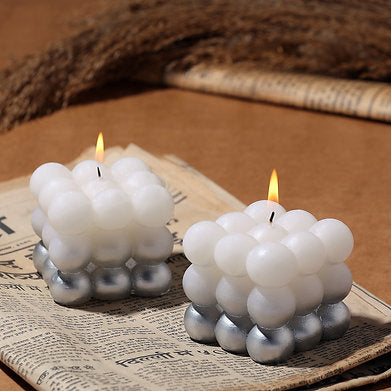 Paraffin Wax Golden lacquered Bubble Cube Candle Set of 2 (Silver)
