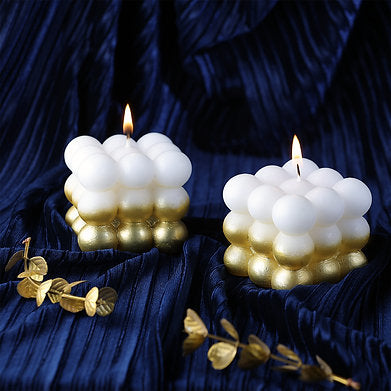 Paraffin Wax Golden lacquered Bubble Cube Candle Set of 2 (Golden)