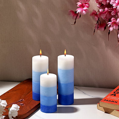 Set of 3 Fragrance Pillar Candles Shade Finish (Blue - Ocean Blue)