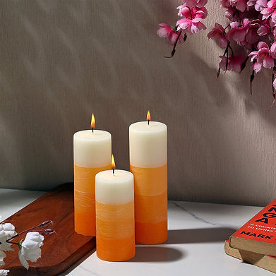 Set of 3 Fragrance Pillar Candles Shade Finish (Orange - Sandalwood)