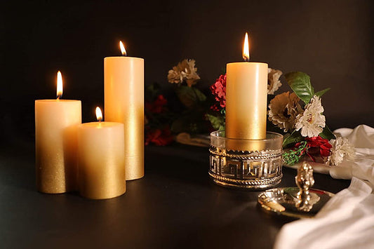 Scented Golden Lacquer Pillar Candles Set of 4| Vanilla Fragrance (Gold)