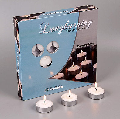 Long Burning Paraffin Wax Tea Lights (Set of 50) 4 hr.