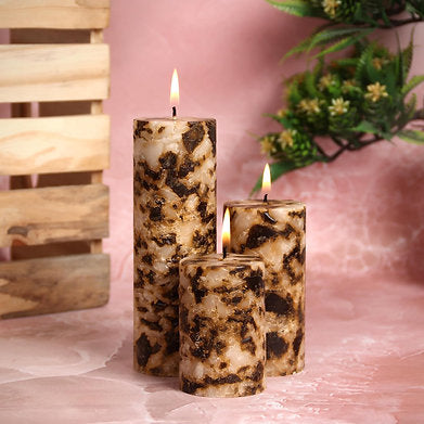 Set of 3 Fragrance Pillar Candles Marble Finish (Brown - Coffee)