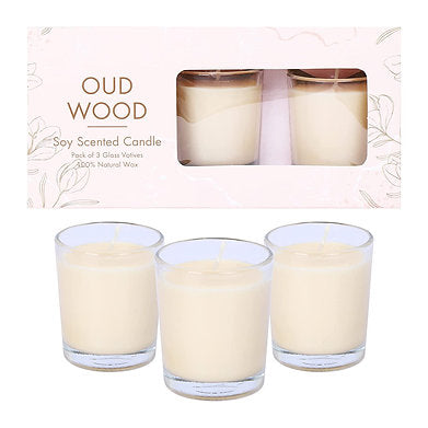 Scented Votive Glass Candles Set of 3 , 100% Natural Soy Wax (Oud Wood)