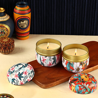 Floral Tin Soy Wax Scented Candle Set of 2 Lavender Cedar Woods || Myrrh Amber