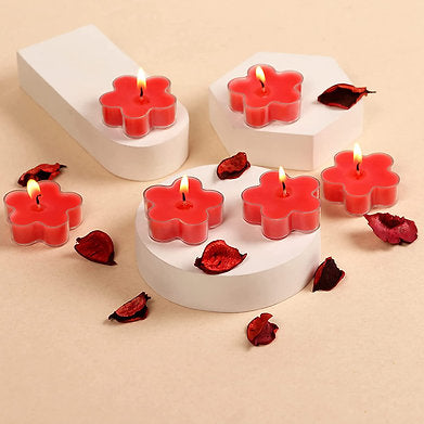 Scented Flowered Shaped Tealights for Home Decor | Set of 6 ((RED - Rose)