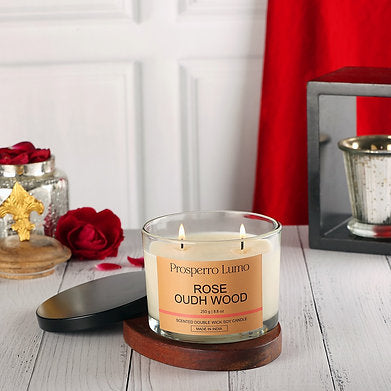 Premium Scented Soy Wax Dual Wick Votive Jar Candle (ROSE OUDH WOOD)