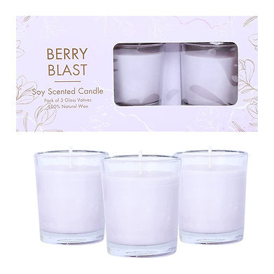 Scented Votive Glass Candles Set of 3 , 100% Natural Soy Wax (Berry Blast)