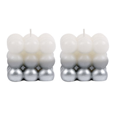 Paraffin Wax Golden lacquered Bubble Cube Candle Set of 2 (Silver)