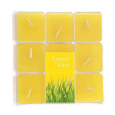 Scented Square Shaped Tealights Pack of 9 (Lemon Grass - Yellow)