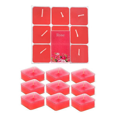 Scented Square Shaped Tealights Pack of 9 (Rose - RED)