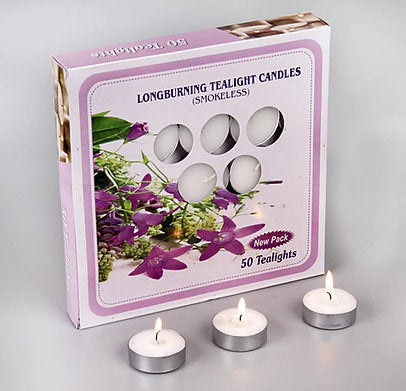 Paraffin wax candles , tea light set of 50, 3 hr.