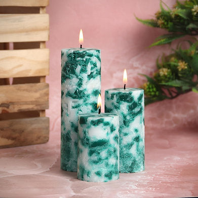 Set of 3 Fragrance Pillar Candles Marble Finish (Green Apple)