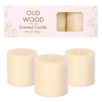 Set of 3 Scented Pillar Candles , (Oud Wood)