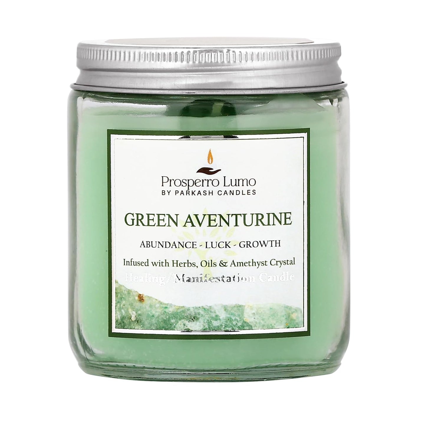 PROSPERRO LUMO By Parkash Candles Crystal Scented Jar Candle – Infused with Herbs & Healing Crystals | Calmness, Intuition & Clarity | Paraffin Wax | Gift Box | 30+ Hour Burn Time | (GREEN AVENTURINE)