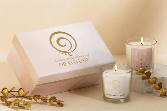 PROSPERRO LUMO by Parkash Candles Gratitude Moments – Premium Aromatic Glass Candle Gift Set | Rose Oud Wood & Mahogany Teakwood | Set of 2 | Soy Wax
