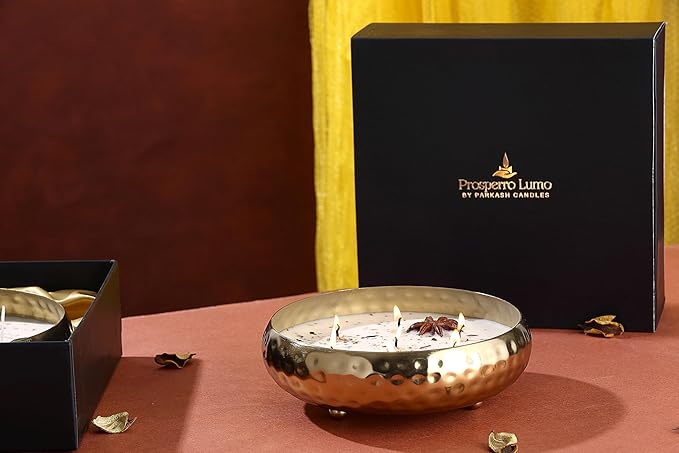 PROSPERRO LUMO by Parkash Candles Peach in The Star | Premium Seven Wick Soy Wax Candle in Brass Finish Bowl – Home Decor