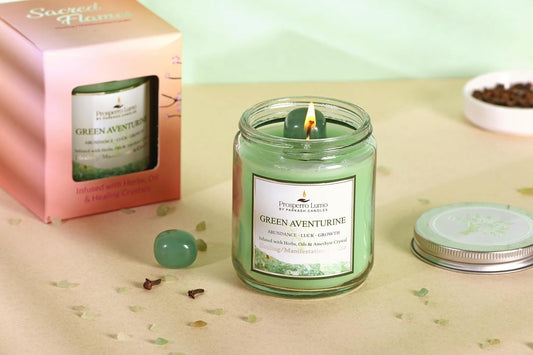 PROSPERRO LUMO By Parkash Candles Crystal Scented Jar Candle – Infused with Herbs & Healing Crystals | Calmness, Intuition & Clarity | Paraffin Wax | Gift Box | 30+ Hour Burn Time | (GREEN AVENTURINE)