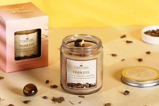 PROSPERRO LUMO by Parkash Candles Crystal Scented Jar Candle – Infused with Herbs & Healing Crystals | Calmness, Intuition & Clarity | Paraffin Wax | Gift Box | 30+ Hour Burn Time | (Tiger Eye)