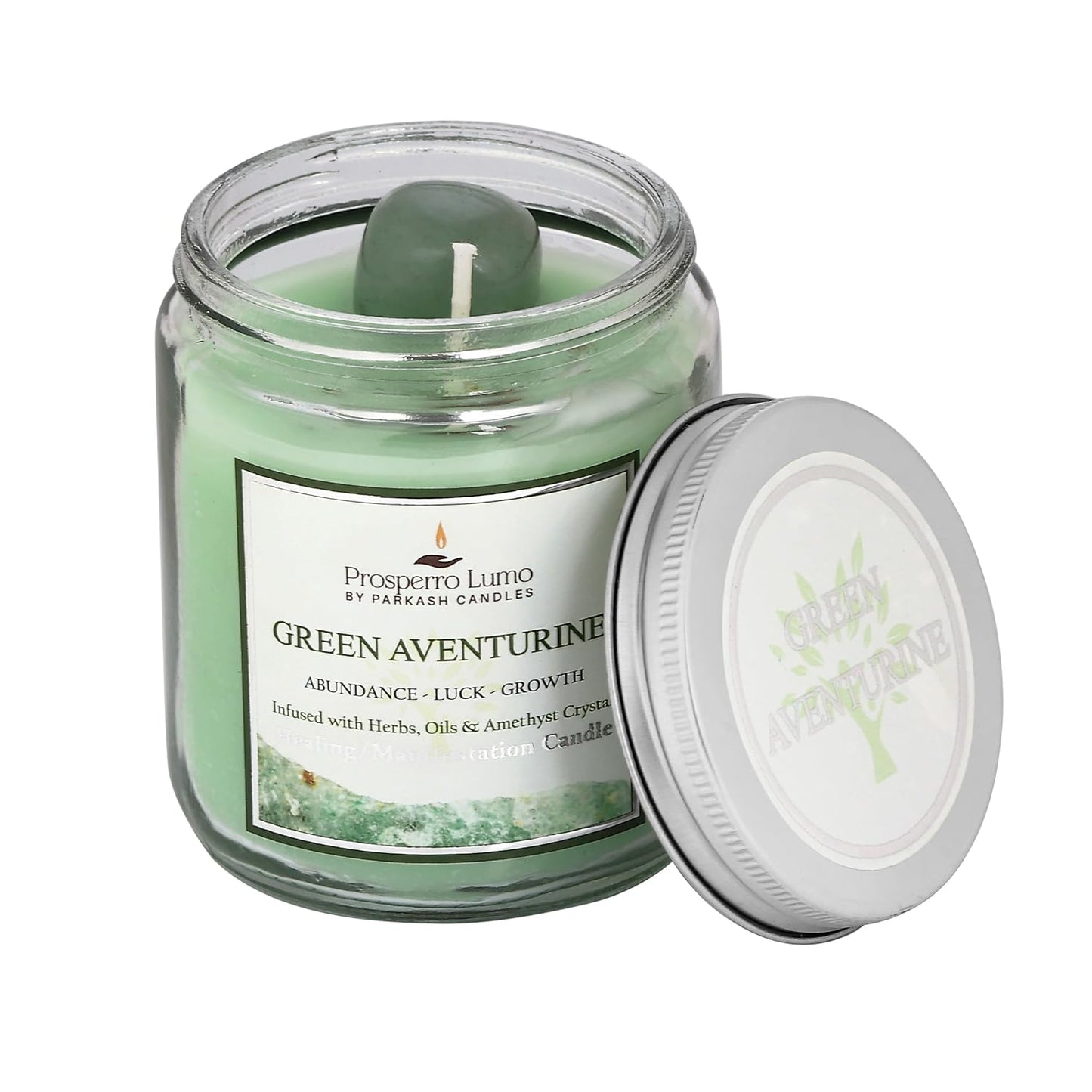 PROSPERRO LUMO By Parkash Candles Crystal Scented Jar Candle – Infused with Herbs & Healing Crystals | Calmness, Intuition & Clarity | Paraffin Wax | Gift Box | 30+ Hour Burn Time | (GREEN AVENTURINE)
