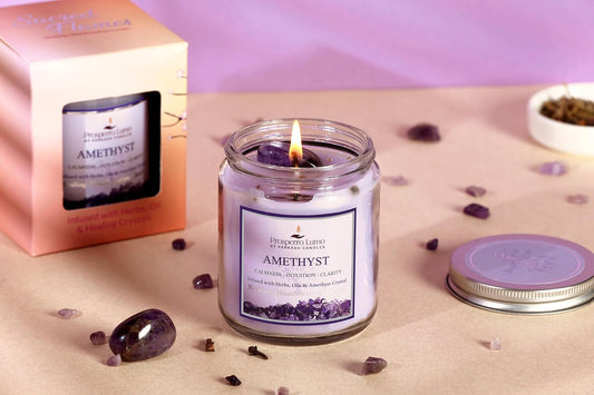 PROSPERRO LUMO by Parkash Candles Crystal Scented Jar Candle – Infused with Herbs & Healing Crystals | Calmness, Intuition & Clarity | Paraffin Wax | Gift Box | 30+ Hour Burn Time | (Amethyst)
