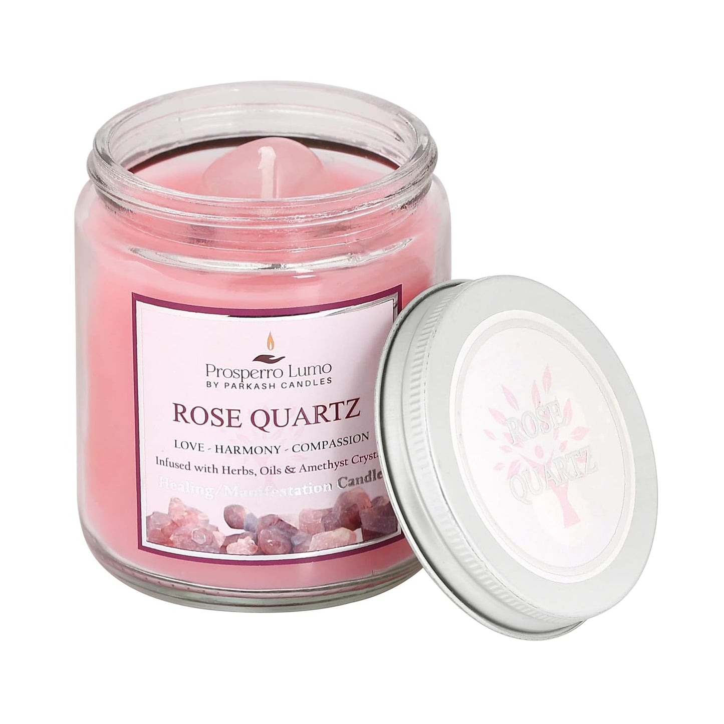 PROSPERRO LUMO by Parkash Candles Crystal Scented Jar Candle – Infused with Herbs & Healing Crystals | Calmness, Intuition & Clarity | Paraffin Wax | Gift Box | 30+ Hour Burn Time | (Rose Quartz)