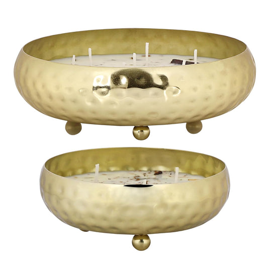 PROSPERRO LUMO by Parkash Candles Premium Luxe Aromatic Bowl Candle Set – Tobacco Leather Lust | 7 Wick |& Peach in The Star | 3 Wick | – Soy Wax Scented Candle Duo in Hammered Metal Gift