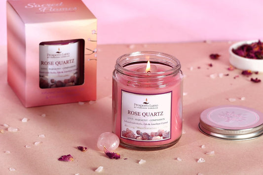 PROSPERRO LUMO by Parkash Candles Crystal Scented Jar Candle – Infused with Herbs & Healing Crystals | Calmness, Intuition & Clarity | Paraffin Wax | Gift Box | 30+ Hour Burn Time | (Rose Quartz)