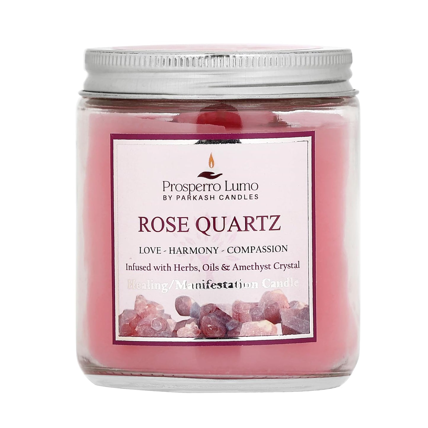 PROSPERRO LUMO by Parkash Candles Crystal Scented Jar Candle – Infused with Herbs & Healing Crystals | Calmness, Intuition & Clarity | Paraffin Wax | Gift Box | 30+ Hour Burn Time | (Rose Quartz)