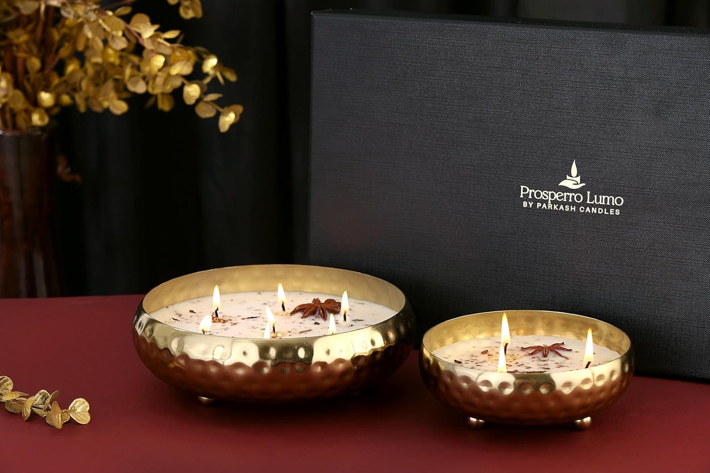 PROSPERRO LUMO by Parkash Candles Premium Luxe Aromatic Bowl Candle Set – Tobacco Leather Lust | 7 Wick |& Peach in The Star | 3 Wick | – Soy Wax Scented Candle Duo in Hammered Metal Gift