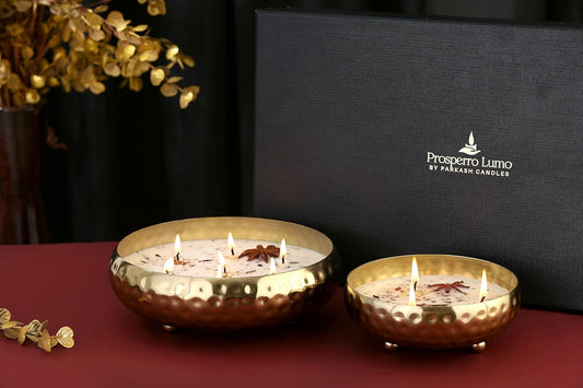 PROSPERRO LUMO by Parkash Candles Premium Luxe Aromatic Bowl Candle Set – Tobacco Leather Lust | 7 Wick |& Peach in The Star | 3 Wick | – Soy Wax Scented Candle Duo in Hammered Metal Gift