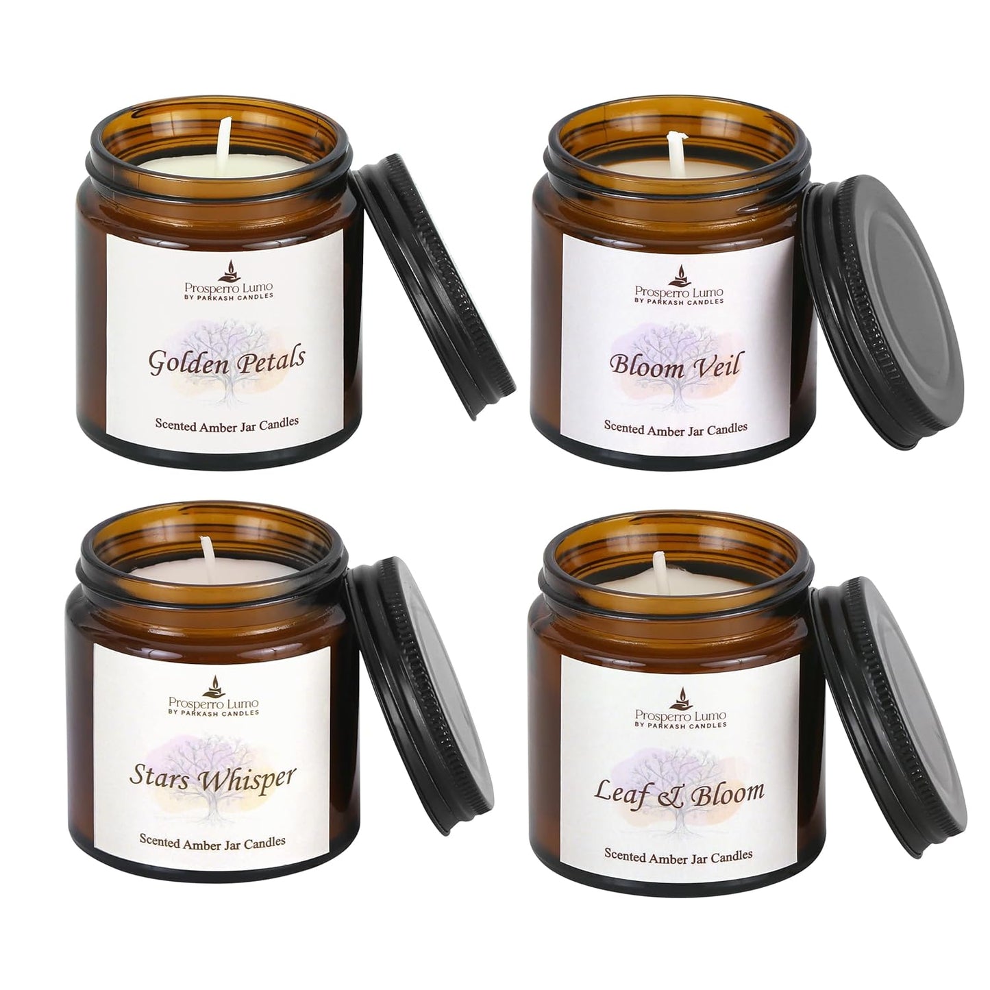 PROSPERRO LUMO by Parkash Candles Amber Jar Scented Candle Gift Set | Pack of 4 (100g Each) | Soy Wax | Long Burning 8–10 Hours | Premium Home & Festive Décor Candles