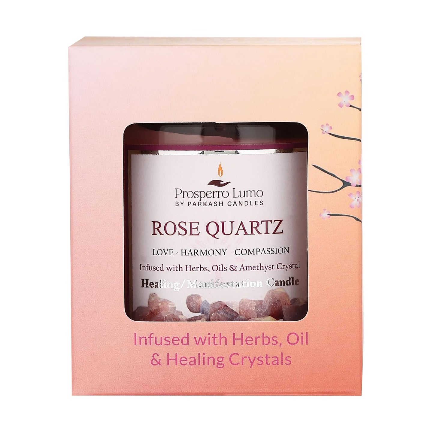 PROSPERRO LUMO by Parkash Candles Crystal Scented Jar Candle – Infused with Herbs & Healing Crystals | Calmness, Intuition & Clarity | Paraffin Wax | Gift Box | 30+ Hour Burn Time | (Rose Quartz)