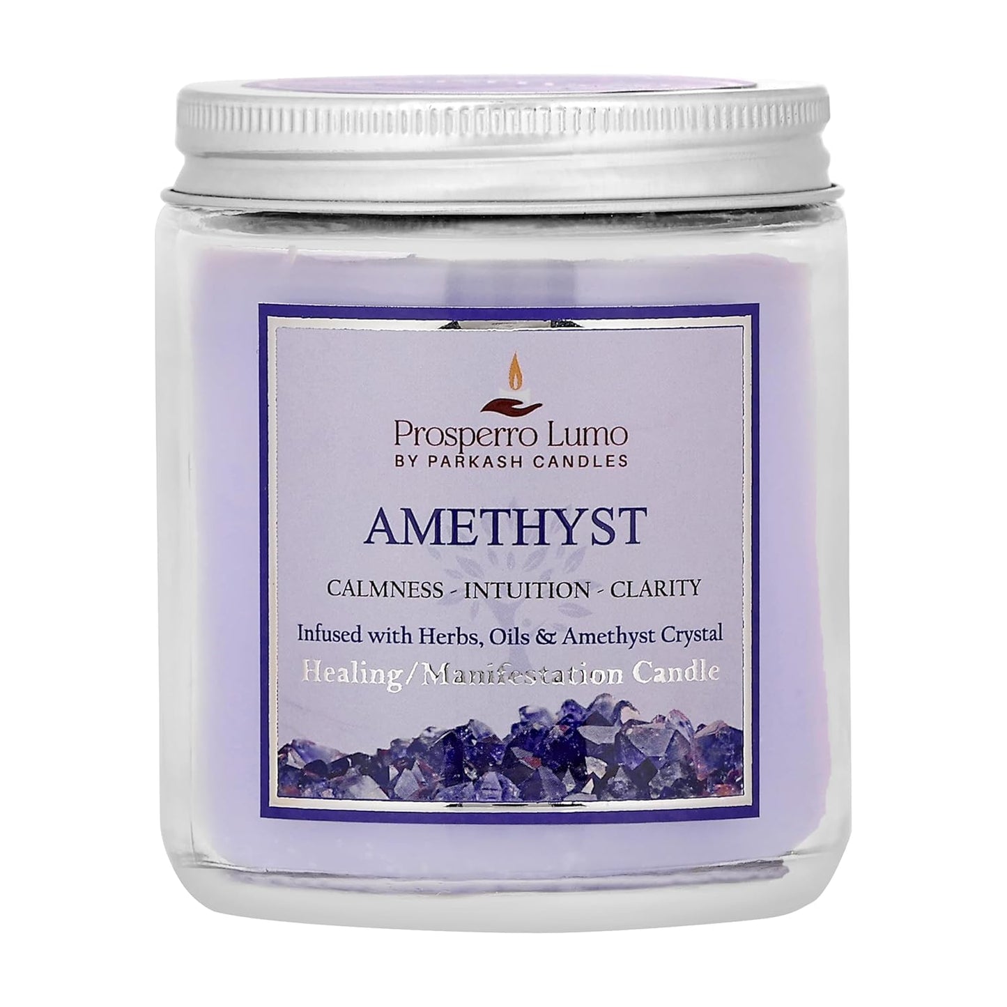 PROSPERRO LUMO by Parkash Candles Crystal Scented Jar Candle – Infused with Herbs & Healing Crystals | Calmness, Intuition & Clarity | Paraffin Wax | Gift Box | 30+ Hour Burn Time | (Amethyst)