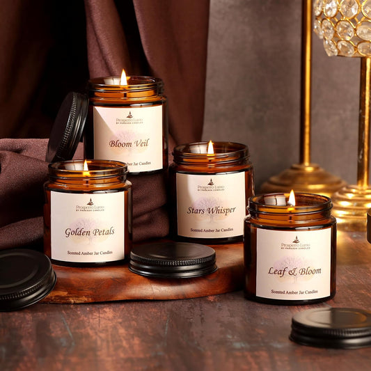 PROSPERRO LUMO by Parkash Candles Amber Jar Scented Candle Gift Set | Pack of 4 (100g Each) | Soy Wax | Long Burning 8–10 Hours | Premium Home & Festive Décor Candles