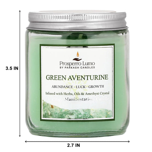 PROSPERRO LUMO By Parkash Candles Crystal Scented Jar Candle – Infused with Herbs & Healing Crystals | Calmness, Intuition & Clarity | Paraffin Wax | Gift Box | 30+ Hour Burn Time | (GREEN AVENTURINE)