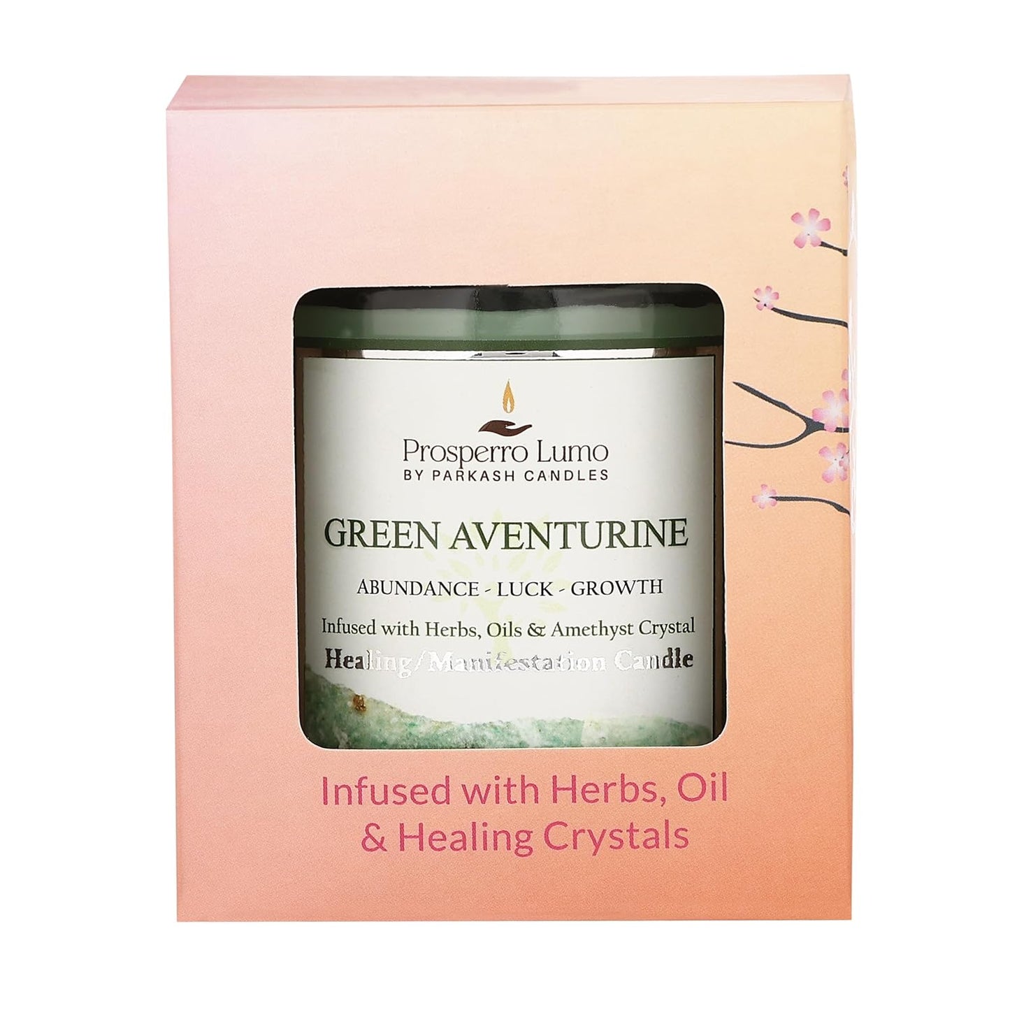 PROSPERRO LUMO By Parkash Candles Crystal Scented Jar Candle – Infused with Herbs & Healing Crystals | Calmness, Intuition & Clarity | Paraffin Wax | Gift Box | 30+ Hour Burn Time | (GREEN AVENTURINE)