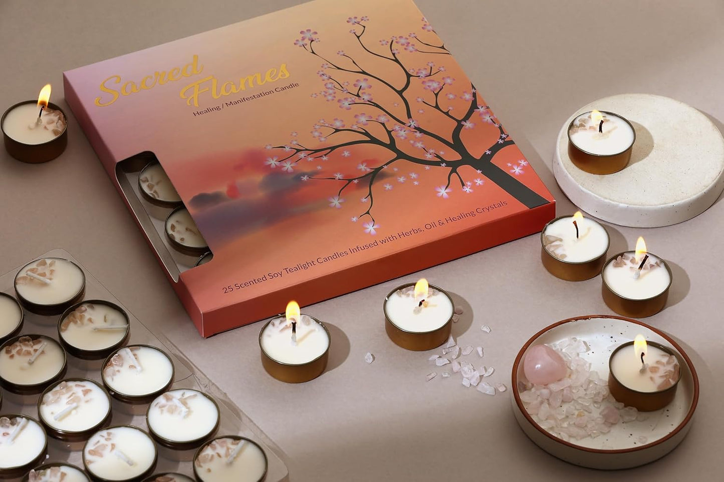 PROSPERRO LUMO by Parkash Candles Sacred Flames Scented Tealight Candles – 25 Healing Soy Wax Candles with Crystals – Aromatherapy & Manifestation (Rose)