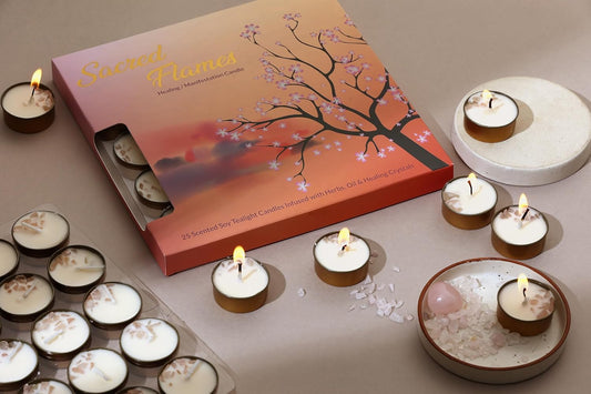 PROSPERRO LUMO by Parkash Candles Sacred Flames Scented Tealight Candles – 25 Healing Soy Wax Candles with Crystals – Aromatherapy & Manifestation (Rose)
